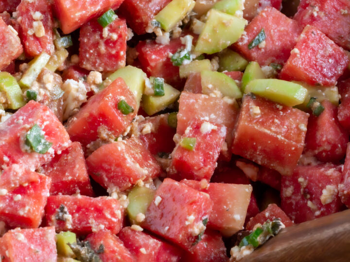 watermelon and balsamic salad in a wooden bowl