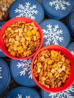 containers of chex mix brightly colored