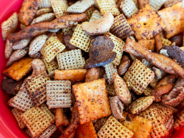 A close up of smoked chex mix