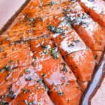 a glazed and crosshatched side of salmon