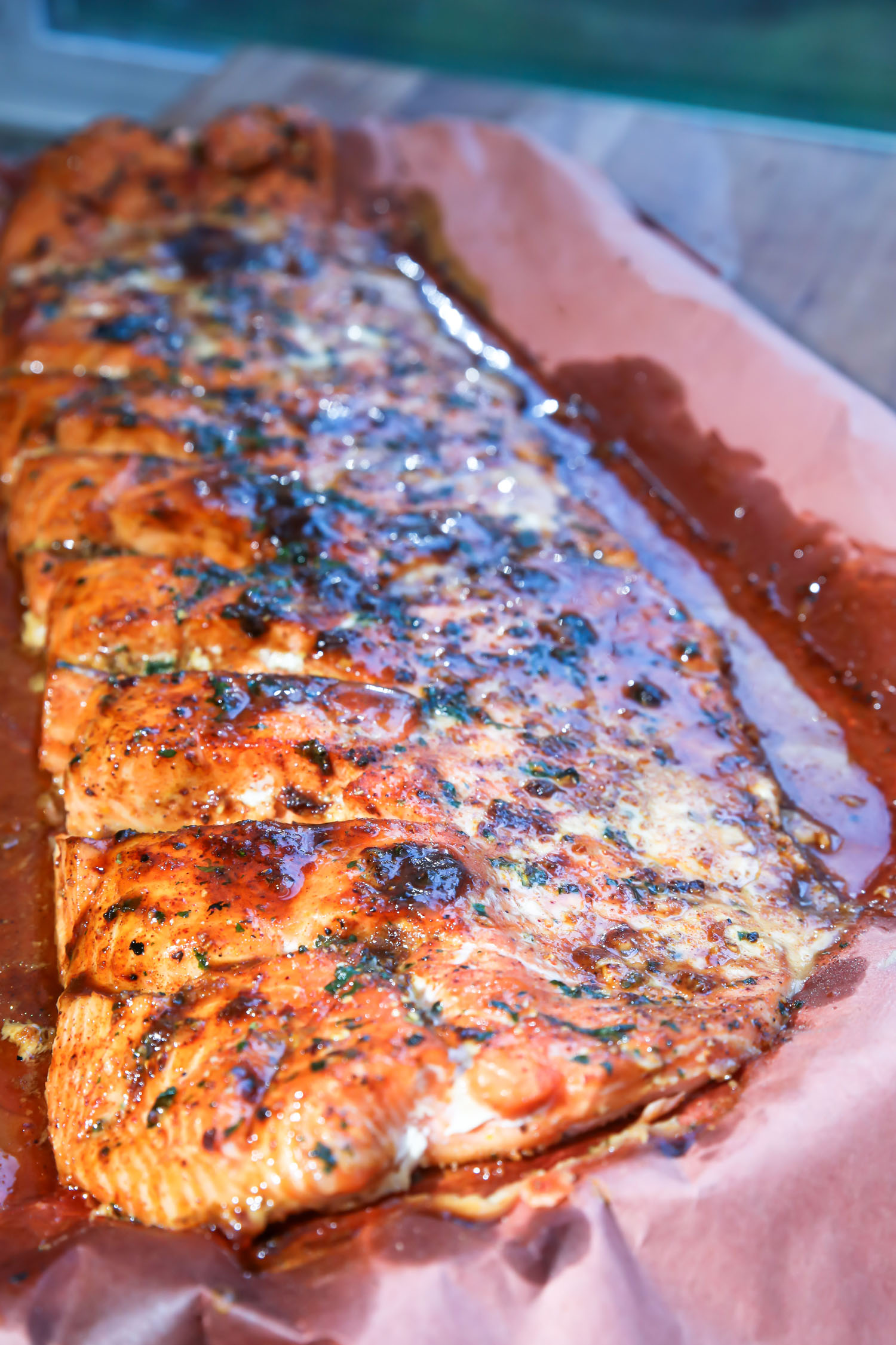 a full side of smoked salmon with maple glaze