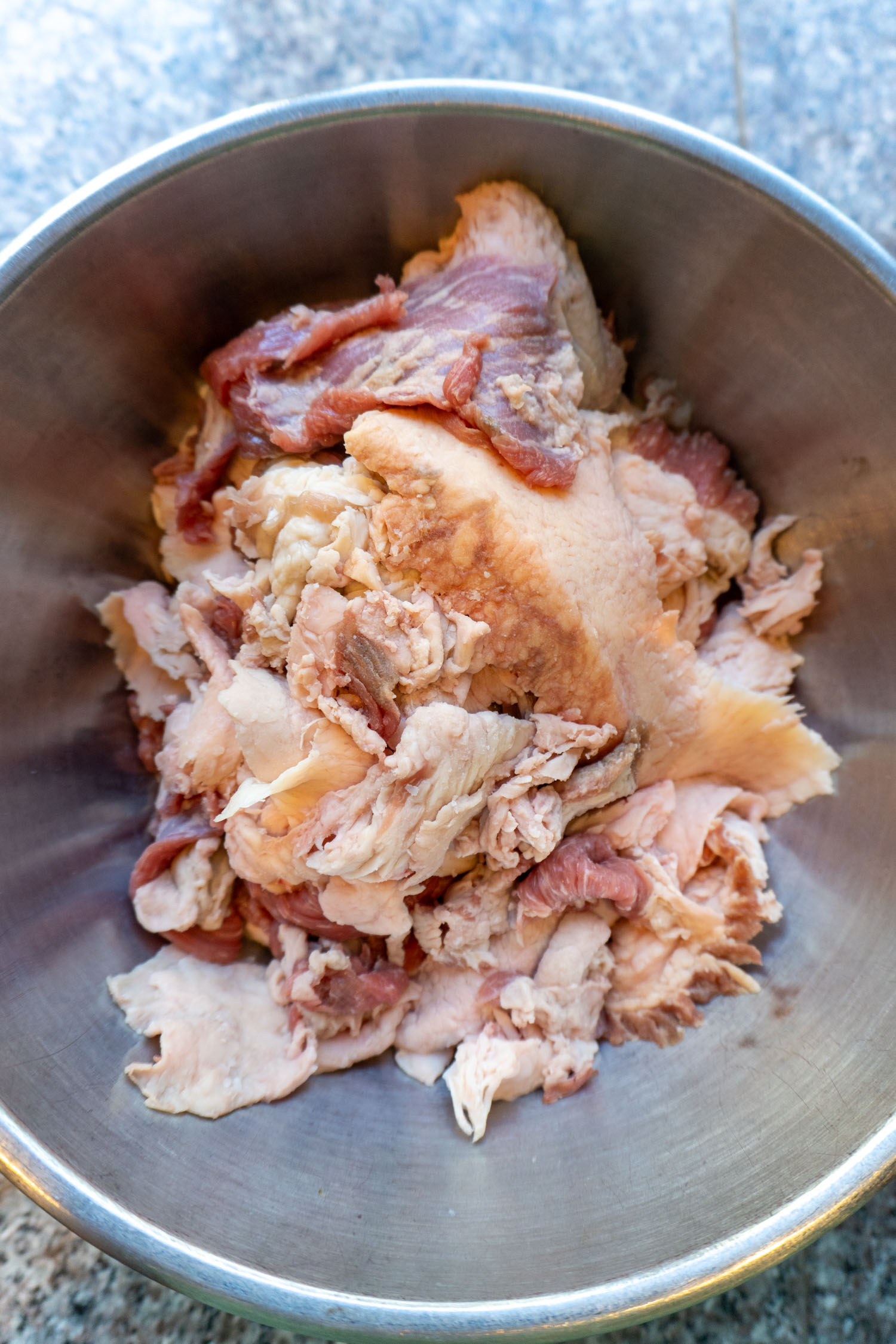 A bowl of beef trimmings from trimming a brisket.