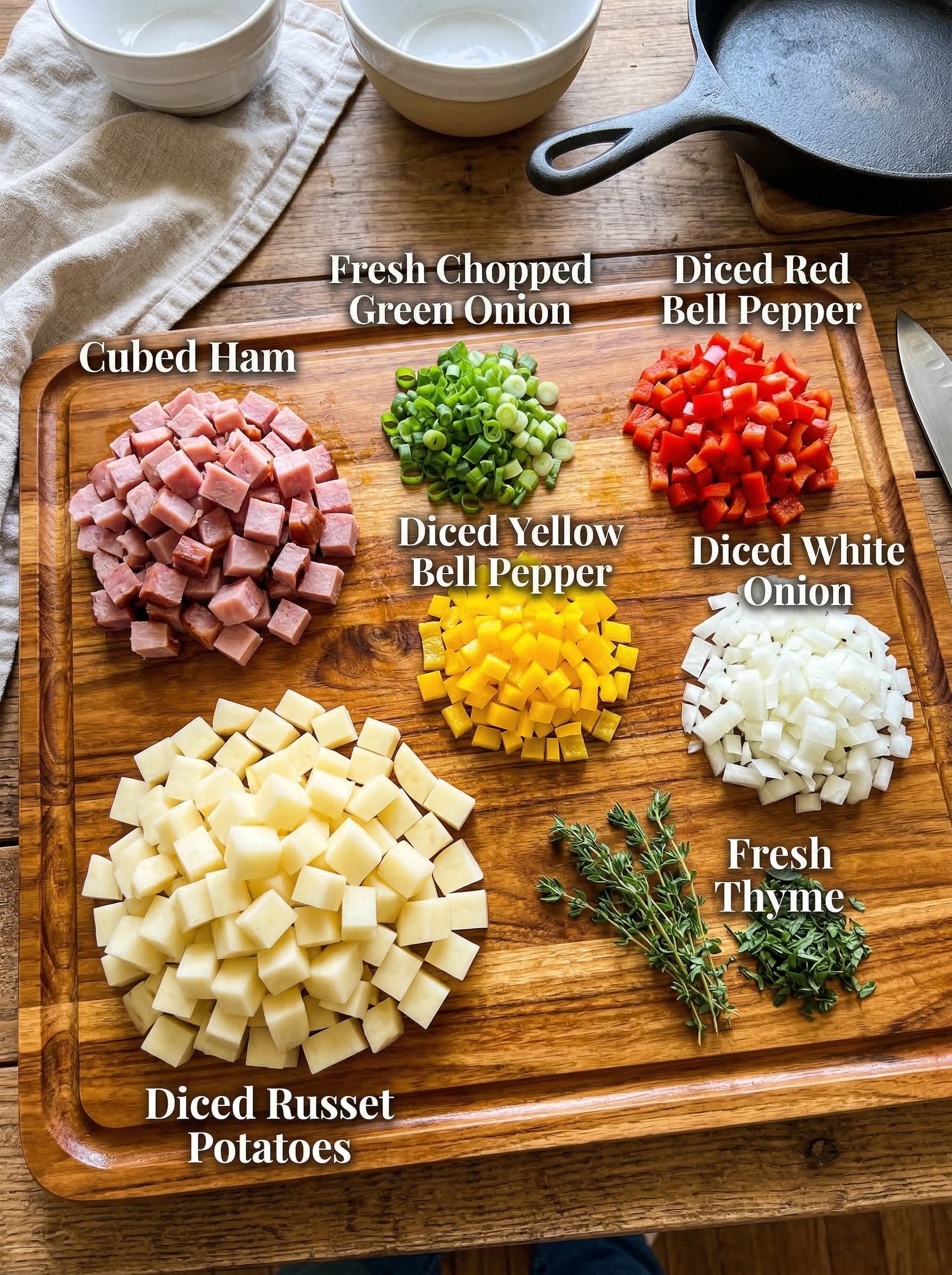 A wooden cutting board of all of the ingredients used to make the potatoes o'brien with ham