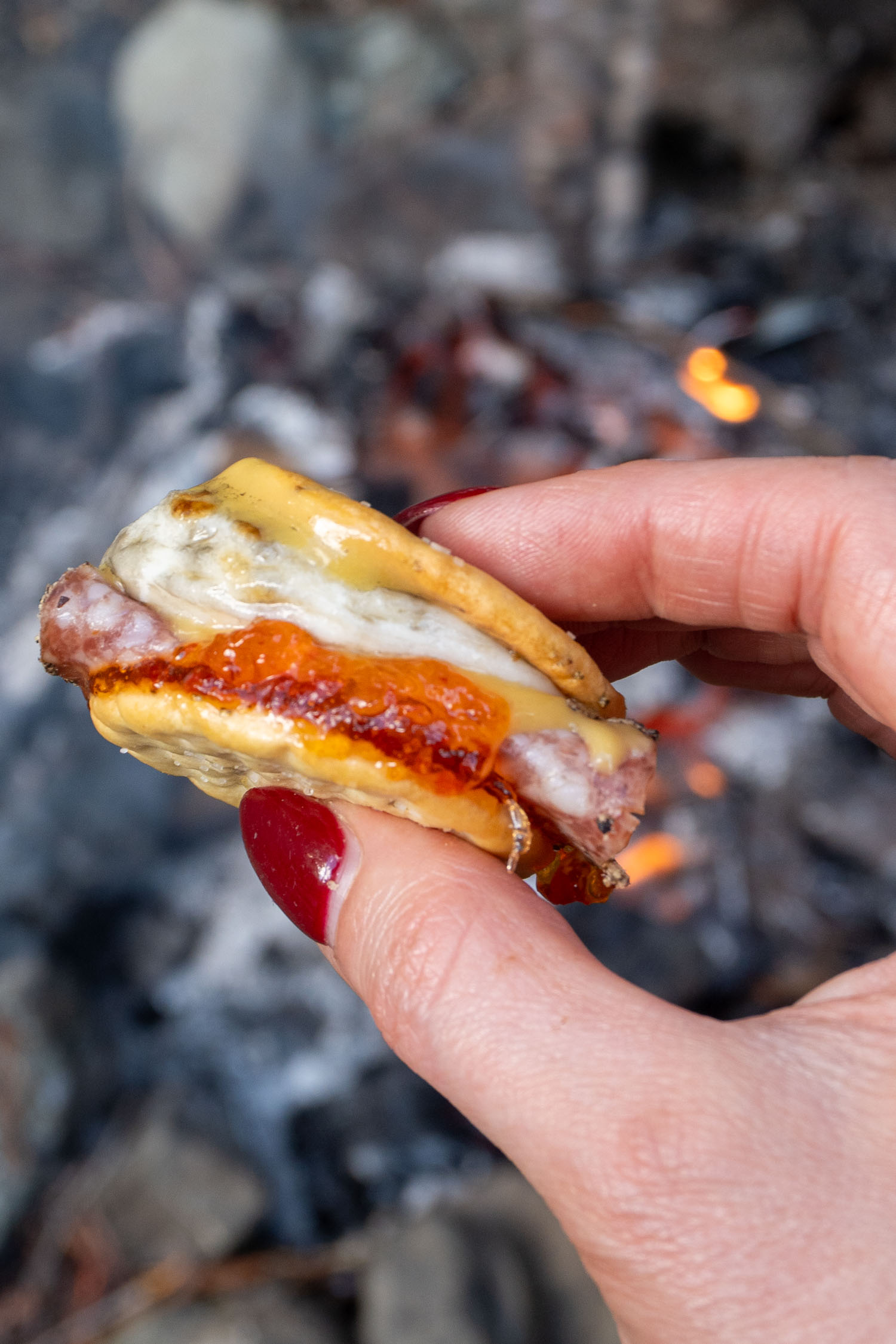 a close up of a savory smores. 2 crackers hold a melted brie, sandiwches in hot pepper jelly jam and salami.
