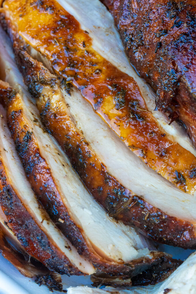 A close up of the juicy turkey meat when using the brining process.